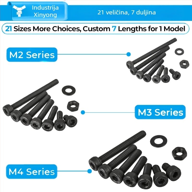 1260 komada karbonskog čelika s crnim premazom DIN 912 Cup Head Hex Socket Head Cap Screws, klasa 12.9, set s maticama i plosnatim podloškama