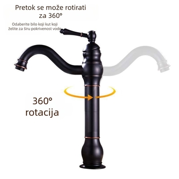 Europska antik brončana slavina za umivaonik, 360° okret, topla i hladna voda, bakreno tijelo, keramički ventil