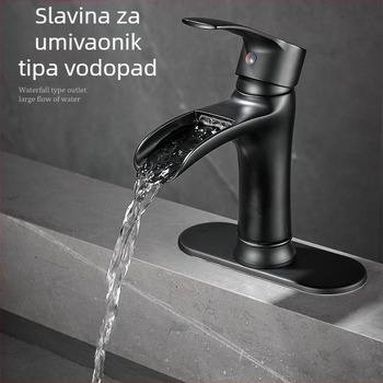 Crna vodopadna slavina za umivaonik u kupaonici, s jednim otvorom, topla i hladna voda