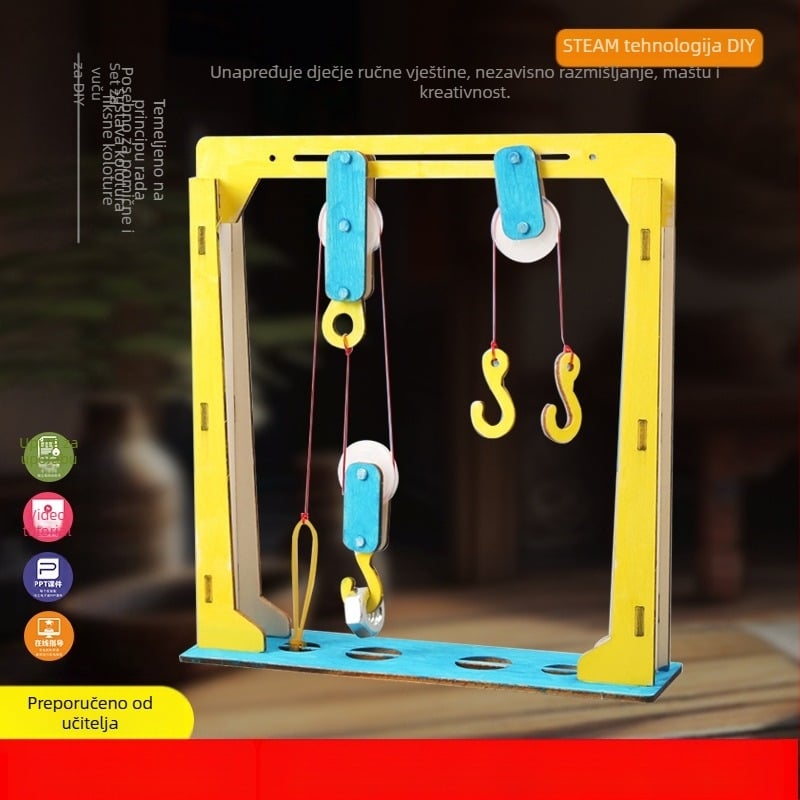 DIY Drveni Koloturni Blok – Edukativna STEM Igračka za Fiziku, Uzrast 7–14 godina, Ručno, Bez Električne Energije