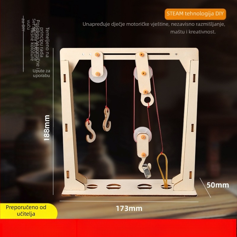DIY Drveni Koloturni Blok – Edukativna STEM Igračka za Fiziku, Uzrast 7–14 godina, Ručno, Bez Električne Energije
