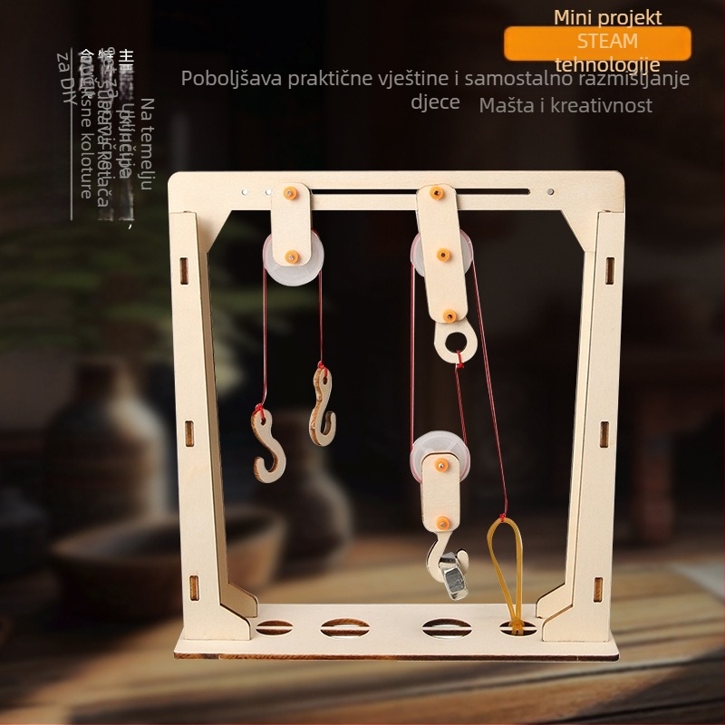 DIY Drveni Koloturni Blok – Edukativna STEM Igračka za Fiziku, Uzrast 7–14 godina, Ručno, Bez Električne Energije