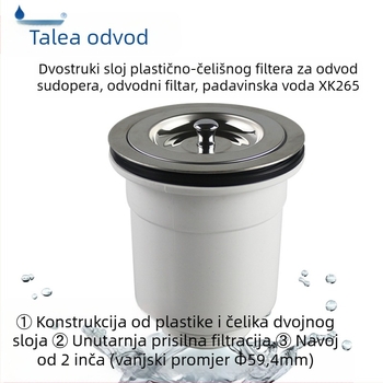 XK265 odvoda za kuhinju – Tip košara; Materijali: PP i SUS304; Dvostruka plastično-čelična konstrukcija; Promjer Ø110–114 mm