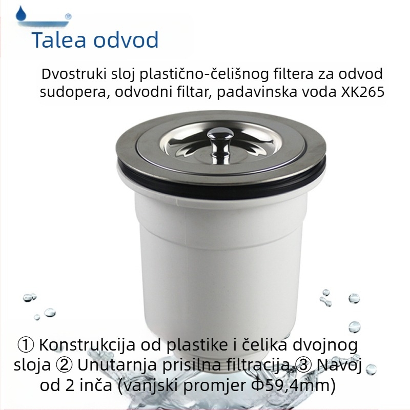 XK265 odvoda za kuhinju – Tip košara; Materijali: PP i SUS304; Dvostruka plastično-čelična konstrukcija; Promjer Ø110–114 mm