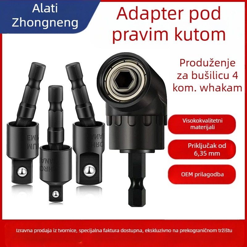 105° hex ručka s rotirajućom kvadratnom glavom, adapter za 1/2, 3/8 i 1/4 inča; visoko ugljično čelično