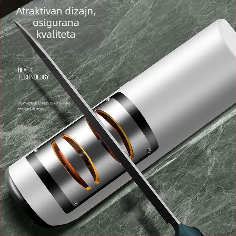 Električno oštrilo za nože, kompaktni kućni gadget, potpuno automatsko i punjivo, od nehrđajućeg čelika, moderni minimalistički dizajn.