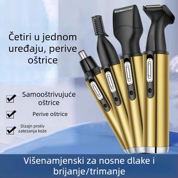 Četiri u jednom višenamjenski uređaj za nosne dlačice i brijanje, nehrđajući čelik, punjivi, glava za pranje