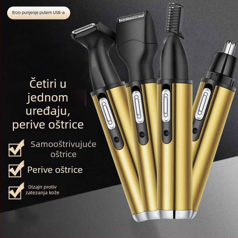 Četiri u jednom višenamjenski uređaj za nosne dlačice i brijanje, nehrđajući čelik, punjivi, glava za pranje