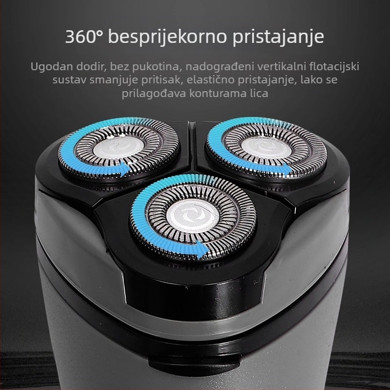 Električni brijač s rotirajućom glavom od 3 noža, brushless motor, LED zaslon, trajanje 30 minuta, maksimalna snaga 3W