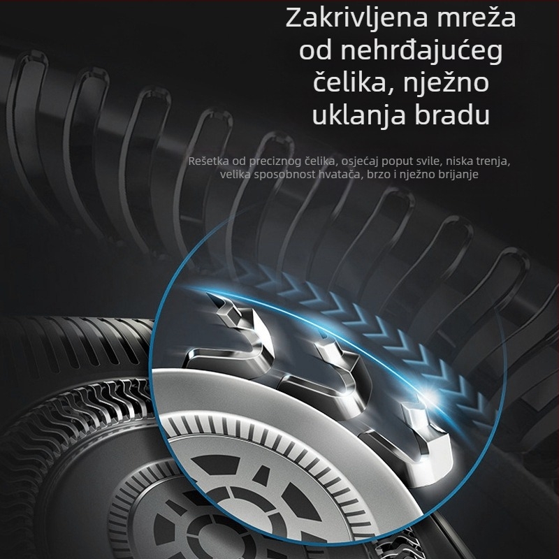 Električni brijač s rotirajućom glavom od 3 noža, brushless motor, LED zaslon, trajanje 30 minuta, maksimalna snaga 3W