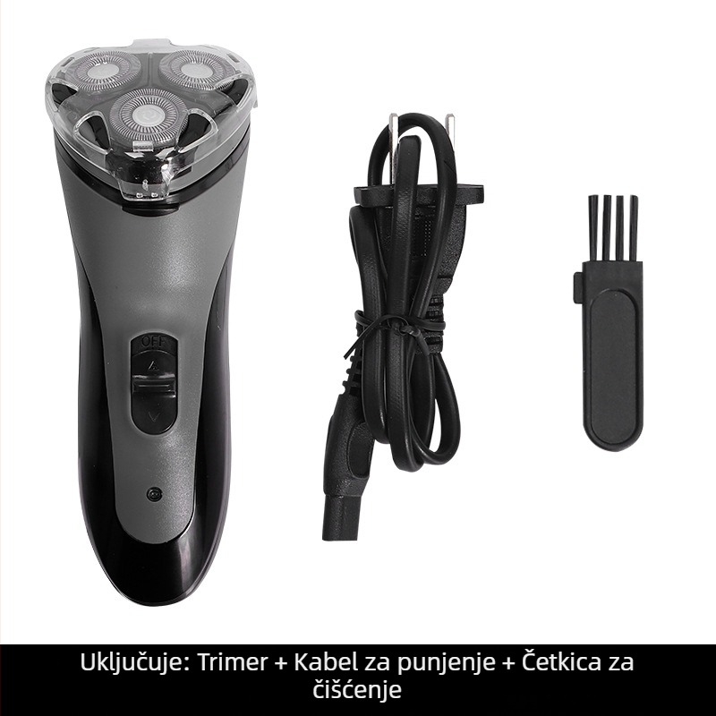 Električni brijač s rotirajućom glavom od 3 noža, brushless motor, LED zaslon, trajanje 30 minuta, maksimalna snaga 3W