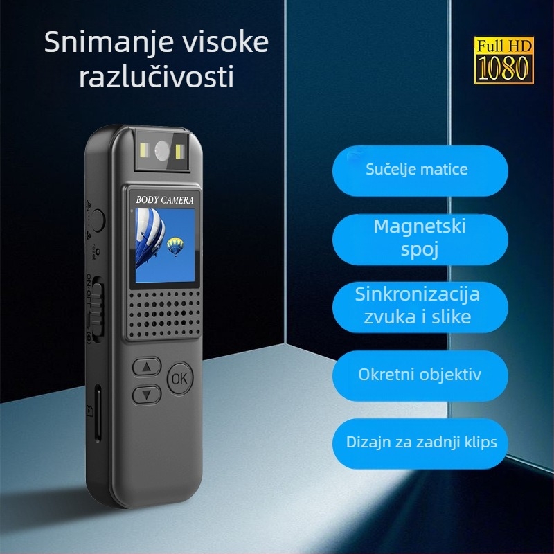 CS08 HD video rekordér s magnetskim držačem i 0.85-inčnim LCD-jem, 1080P, TF kartica, 2MP senzor, baterija 4–5h