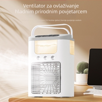 Prijenosni stolni ventilator s ovlaživačem i maglom, 3 načina raspršivanja, 5 lopatica, tih rad, USB napajanje
