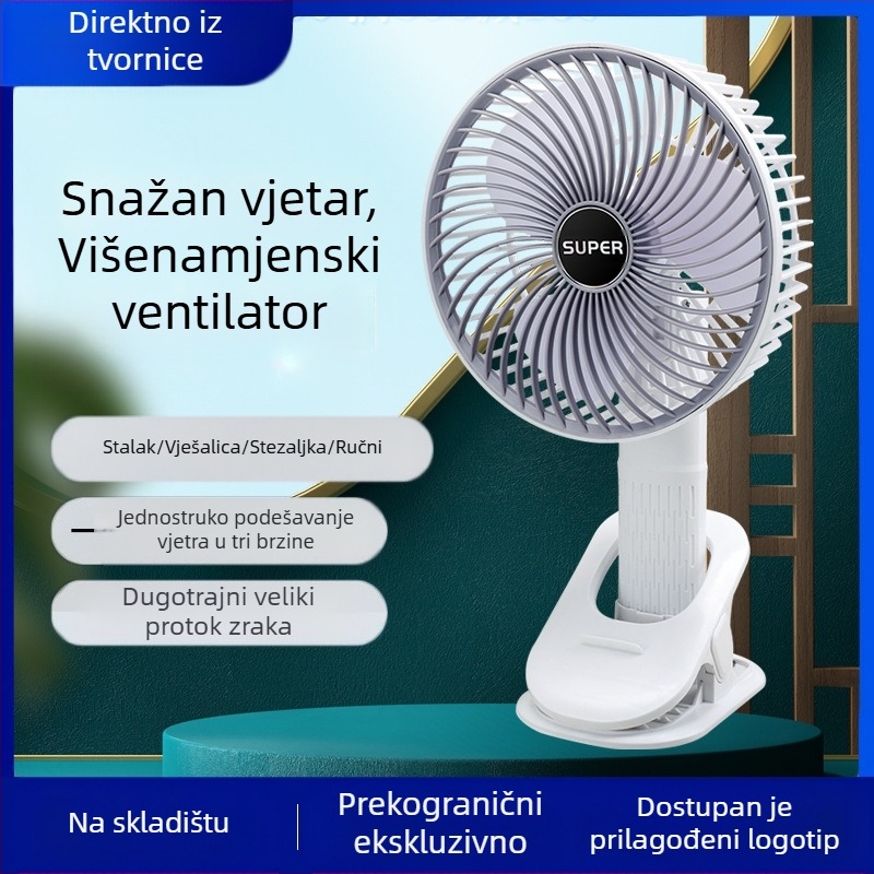 USB klips ventilator za stolni, kompaktan, s 3 lopatice, ugrađena baterija 500–800 mAh, 3 brzine, dimenzije 150×290×125 mm