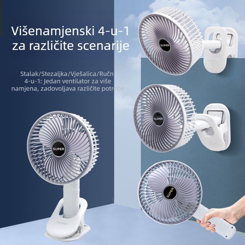 USB klips ventilator za stolni, kompaktan, s 3 lopatice, ugrađena baterija 500–800 mAh, 3 brzine, dimenzije 150×290×125 mm