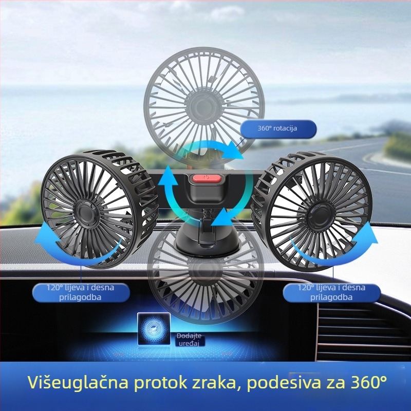 Automobilski ventilator F4206 s usisnom čašom, dvostruka glava, USB napajanje, 10W