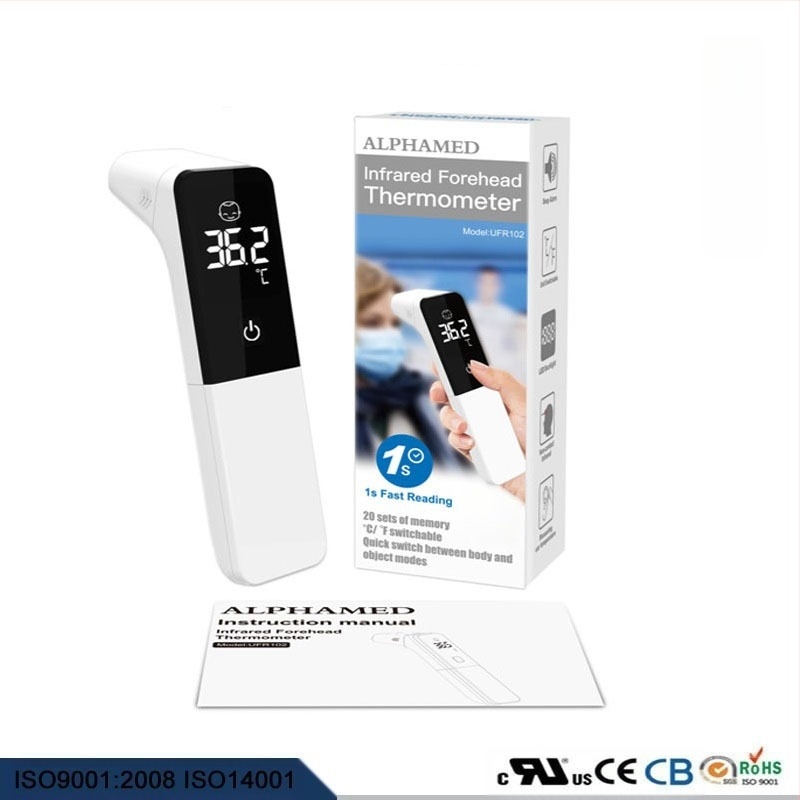 Višenamjenski LED termometar za čelo i uho s digitalnim zaslonom — ALPHAMED UFR102, 2x AAA baterije, raspon mjerenja 32–43°C