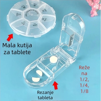 Kutija za tablete s ugrađenim rezačem lijekova, prijenosna s razdijeljenim pretincima, brtljivi poklopac, PS materijal