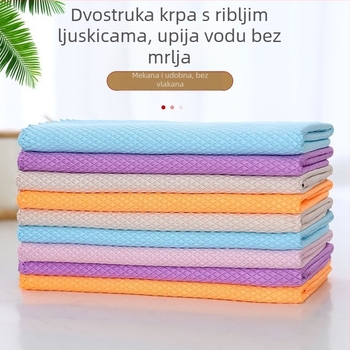 Krpa za suđe od mikrovlakana s uzorkom ribljih ljuski, apsorbirajuća, dvostruka upotreba (suho/mokro), uklanja masnoću sa staklenih površina.