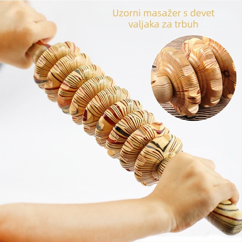 Drveni masažni valjak s devet kola za cijelo tijelo, mehaničko upravljanje, bez napajanja, neprekidna prilagodba brzine, 1 konveksna okrugla masažna glava, za vrat, leđa, stražnjicu, noge, bedra i stopala