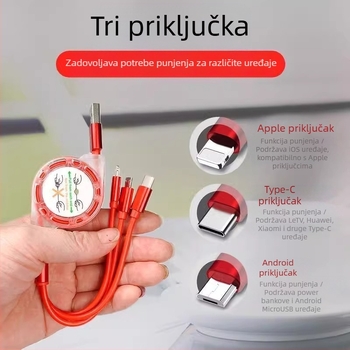 Izvlačivi silikonski kabel za podatke s tri konektora (Mini USB, Lightning, Type-C) – izlaz 1–3, brzo punjenje.