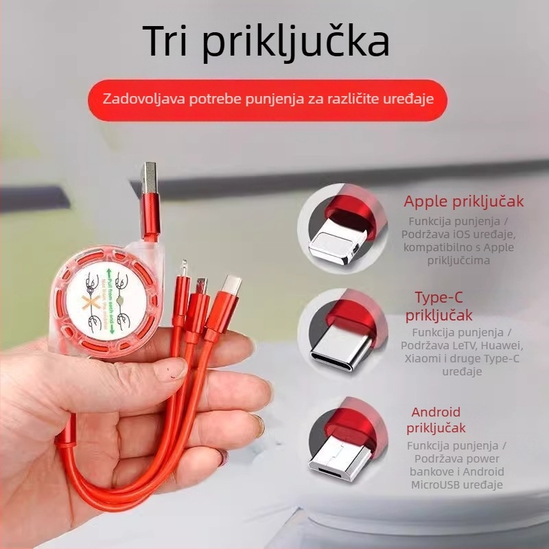 Izvlačivi silikonski kabel za podatke s tri konektora (Mini USB, Lightning, Type-C) – izlaz 1–3, brzo punjenje.