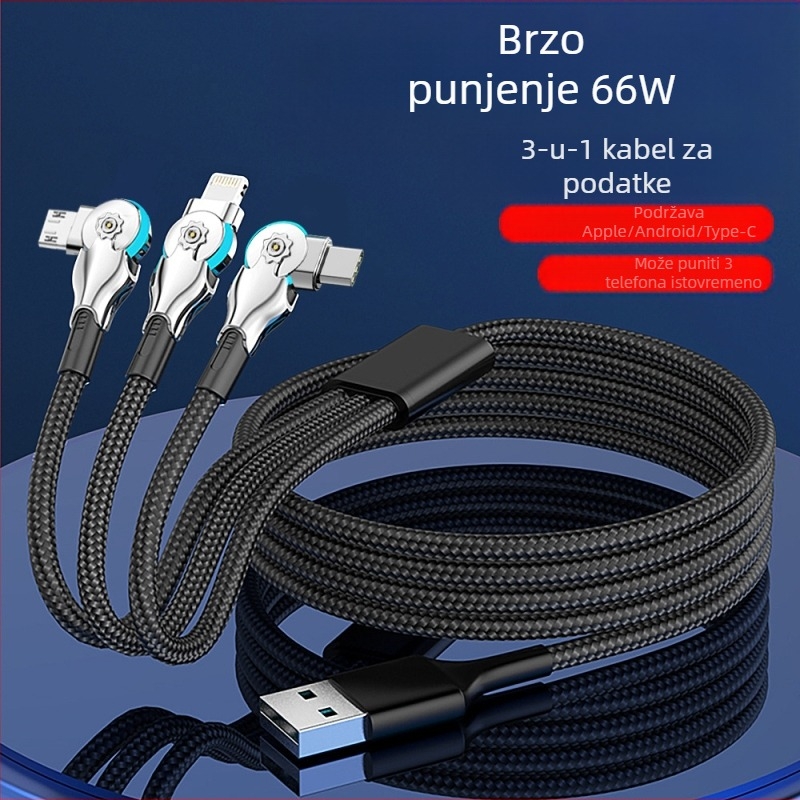 3-u-1 rotirajući kabel za podatke i brzo punjenje: Lightning, Micro USB i USB-C, duljina 1-2 m, pleteni crni kabel