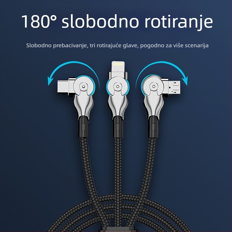 3-u-1 rotirajući kabel za podatke i brzo punjenje: Lightning, Micro USB i USB-C, duljina 1-2 m, pleteni crni kabel