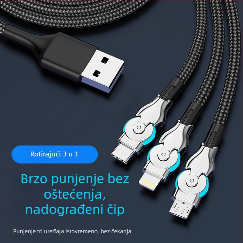 3-u-1 rotirajući kabel za podatke i brzo punjenje: Lightning, Micro USB i USB-C, duljina 1-2 m, pleteni crni kabel