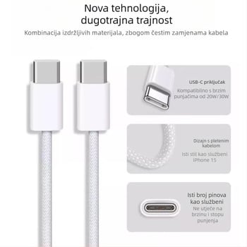USB-C pleteni kabel, USB-C na USB-C, 0,3–2,5 m, 100 W max, brzo punjenje