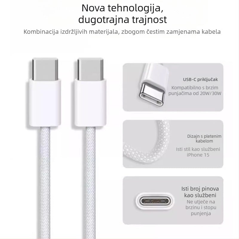 USB-C pleteni kabel, USB-C na USB-C, 0,3–2,5 m, 100 W max, brzo punjenje
