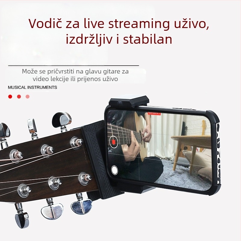 Držač za telefon za gitaru i ukulele — vertikalni klip, rotirajući, univerzalna dodatna oprema za glazbene instrumente