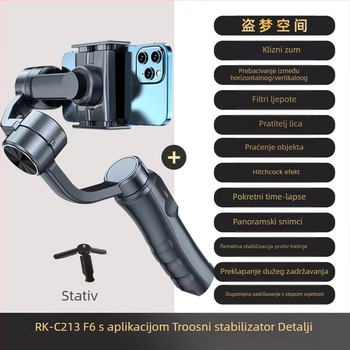 F6 gimbal za mobitel s 3 osi, upravljanje putem aplikacije, Bluetooth, daljinski upravljač uključen, model RK-C213