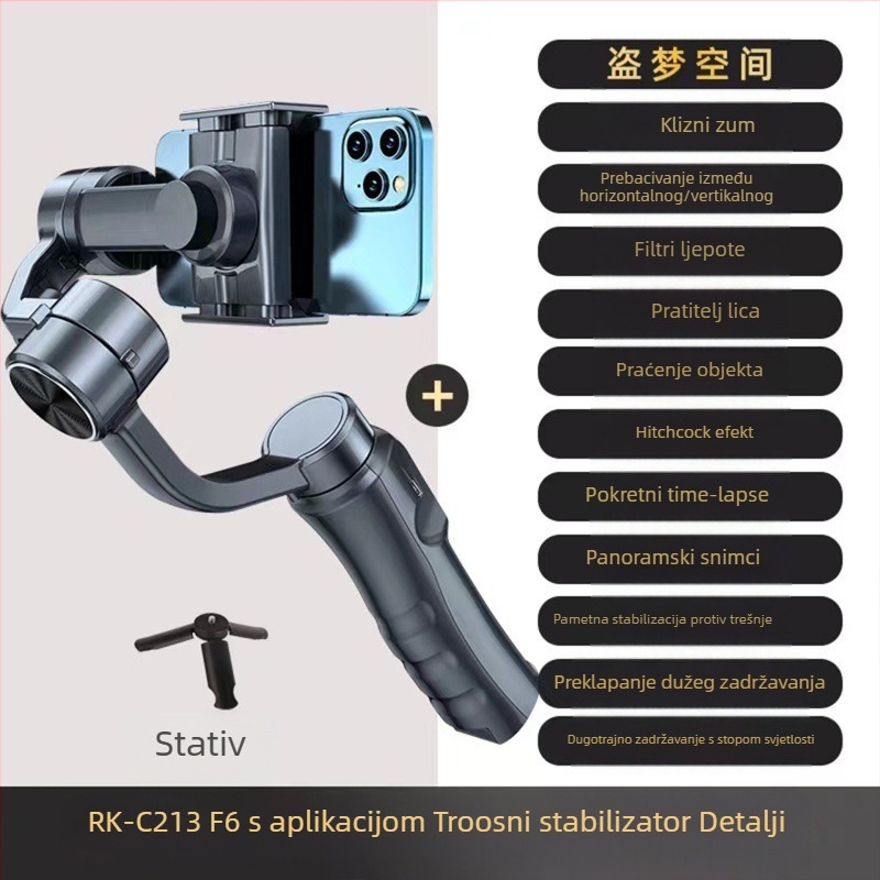 F6 gimbal za mobitel s 3 osi, upravljanje putem aplikacije, Bluetooth, daljinski upravljač uključen, model RK-C213