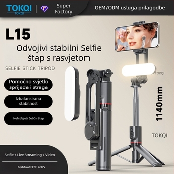 L15 Selfie štapić s odvojivim svjetlom za ljepotu, nehrđajući čelik, produživi stativ, Bluetooth daljinski za mobitele