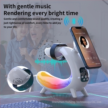 6-u-1 noćna lampa s Bluetooth zvučnikom i bežičnim punjenjem (uključiva baterija, PVC sjenilo, gumb prekidač)