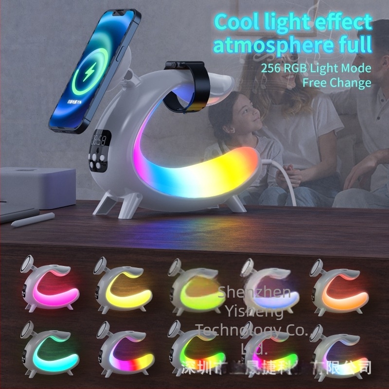 6-u-1 noćna lampa s Bluetooth zvučnikom i bežičnim punjenjem (uključiva baterija, PVC sjenilo, gumb prekidač)