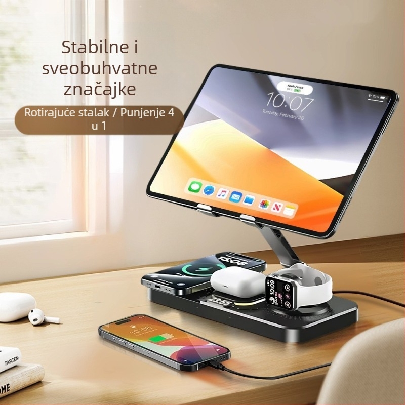 Desktop bežični brzi punjač sa sklapanim okretljivim stalčićem, satom i ambijentalnim svjetlom — šest u jednom, MagSafe kompatibilan, QC3.0, 9V3A, 15W maksimalno