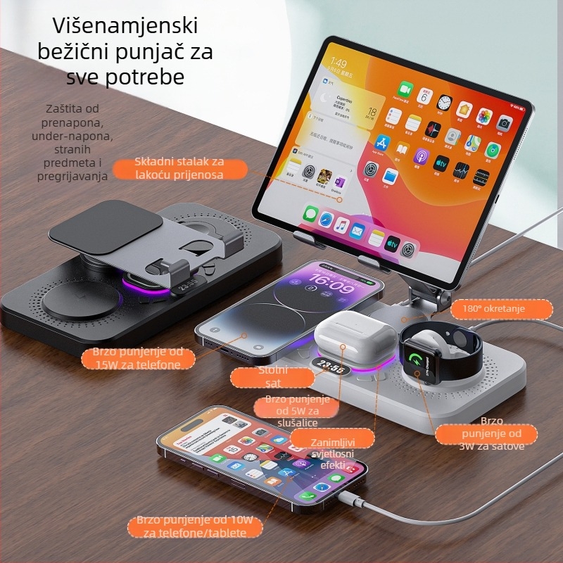 Desktop bežični brzi punjač sa sklapanim okretljivim stalčićem, satom i ambijentalnim svjetlom — šest u jednom, MagSafe kompatibilan, QC3.0, 9V3A, 15W maksimalno