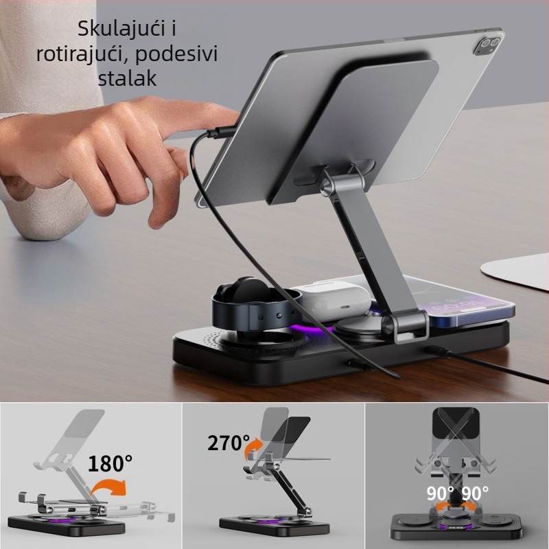 Desktop bežični brzi punjač sa sklapanim okretljivim stalčićem, satom i ambijentalnim svjetlom — šest u jednom, MagSafe kompatibilan, QC3.0, 9V3A, 15W maksimalno