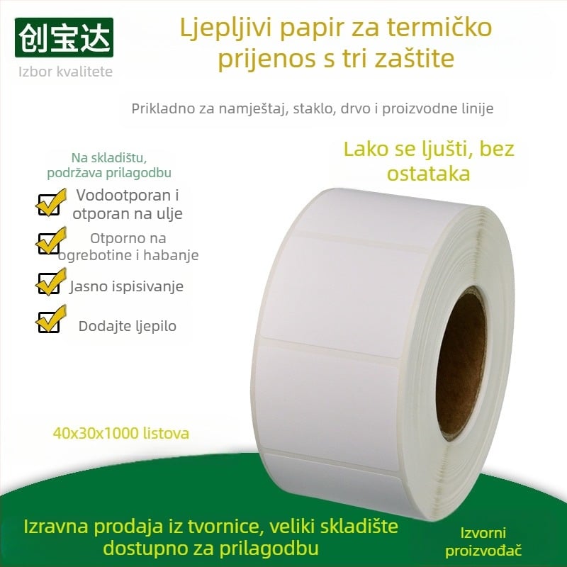 Otpuštajući termalni papir za etikete; uklonjivo ljepilo; bijela mrežasta podloga; debljina 0,075 mm; otpornost na temperaturu do 65 °C