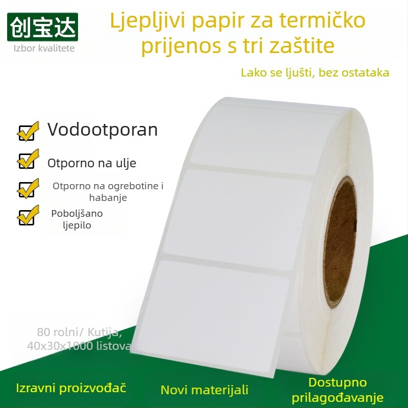 Otpuštajući termalni papir za etikete; uklonjivo ljepilo; bijela mrežasta podloga; debljina 0,075 mm; otpornost na temperaturu do 65 °C