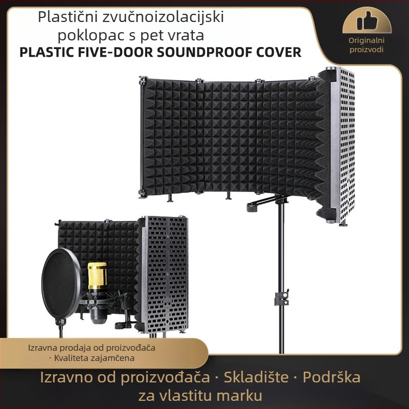 Plastični štit za mikrofon s pet panela za studijsko snimanje i prijenos uživo, kompatibilan s kondenzatorskim mikrofonima, mreža protiv prskanja, frekvencijski raspon 20 Hz-20 kHz, SNR ≥75 dB, bez baterije