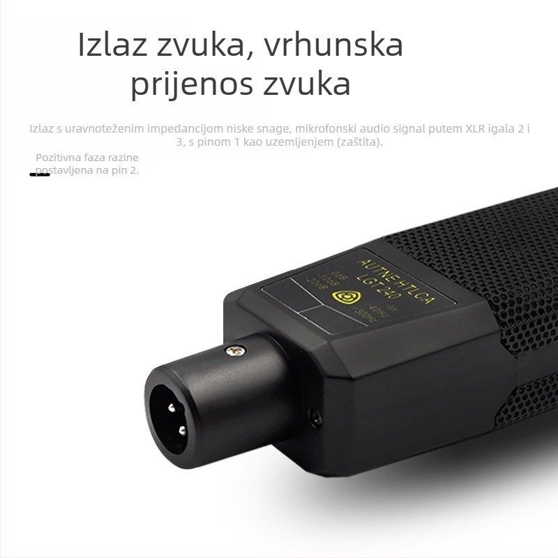 Kondenzatorski mikrofon s velikom membranom uz vanjsku zvučnu karticu; za livestream; kardioidni, raspon frekvencija 100 Hz–20 kHz; SNR ≥ 100 dB