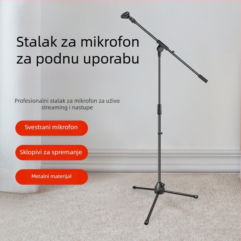 Stalak za mikrofon na podu, podesiva visina, trostruka baza, pogodan za scenske nastupe i snimanje