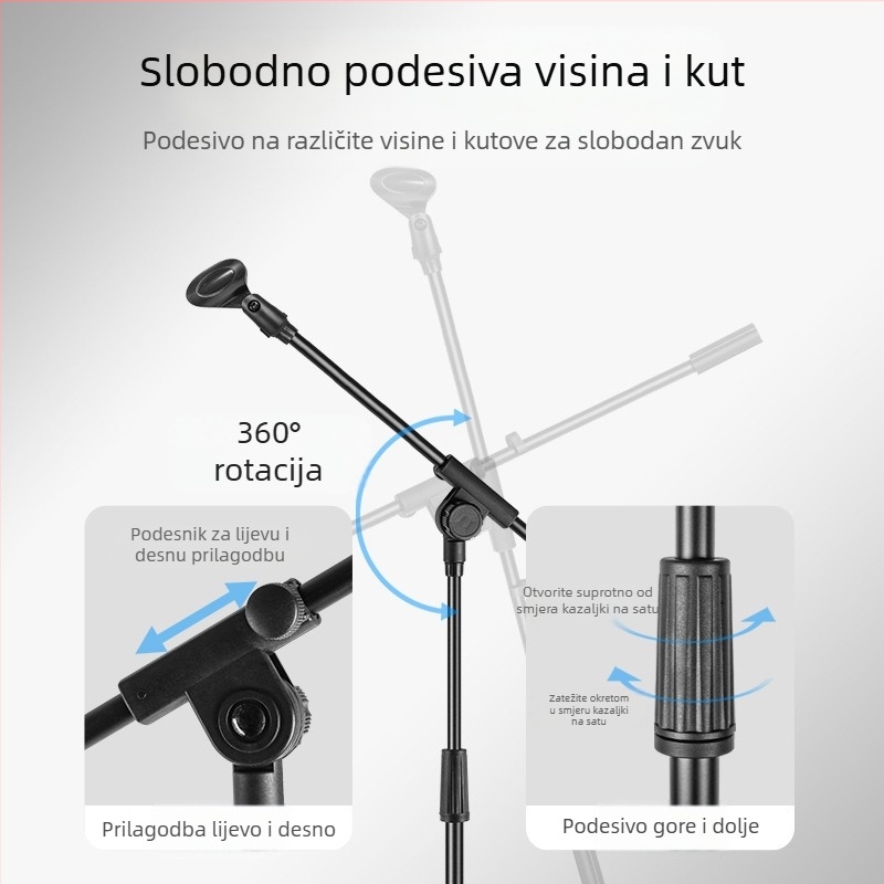 Stalak za mikrofon na podu, podesiva visina, trostruka baza, pogodan za scenske nastupe i snimanje
