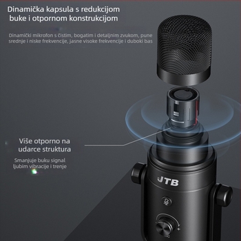 JTB profesionalni dinamički mikrofon s redukcijom buke, praćenje u realnom vremenu za video prijenos uživo, USB/XLR dvostrano sučelje, SNR ≥ 85 dB