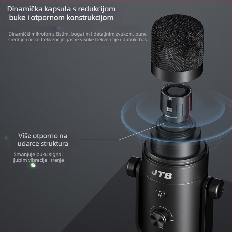 JTB profesionalni dinamički mikrofon s redukcijom buke, praćenje u realnom vremenu za video prijenos uživo, USB/XLR dvostrano sučelje, SNR ≥ 85 dB