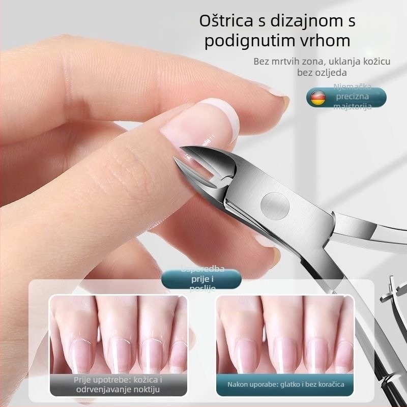 Set alata za njegu noktiju od nehrđajućeg čelika: škare za zanoktice, alat za guranje, nano stakleni pilnik za nokte, vilica za zanoktice, škarice za nokte s dubokim V
