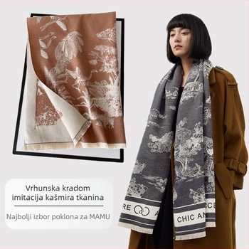 Šal od imitacijskog kašmira s motivom krajine, pleteni, topao zimi